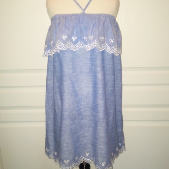 J Crew Chambray Blue Eyelet Ruffle Dress M - Picture 2 of 6